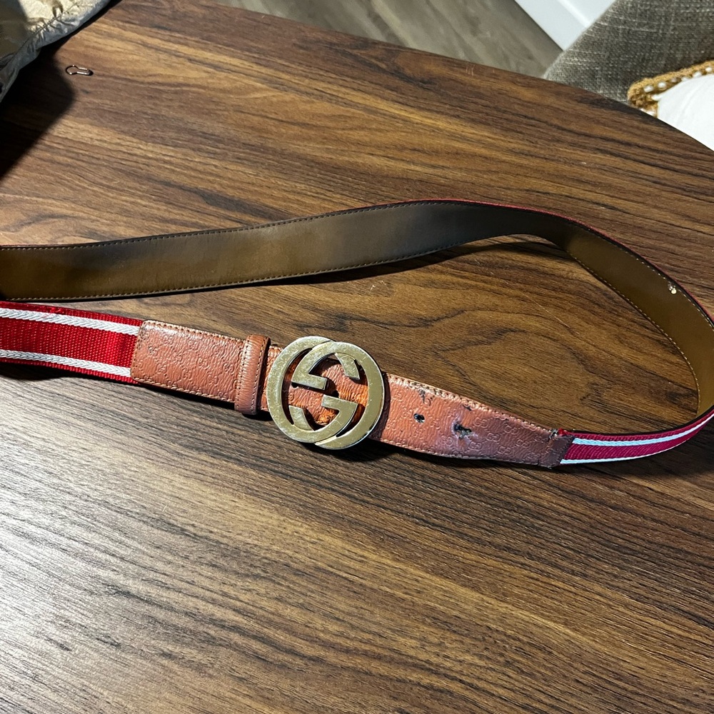 Gucci Tan and Red Belt with Gold Logo Buckle